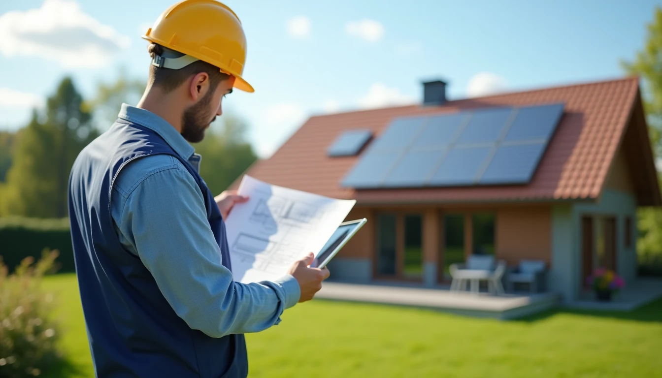 Ingenieur mit Bauplänen und Tablet bei der Planung einer Solaranlage vor einem Wohnhaus