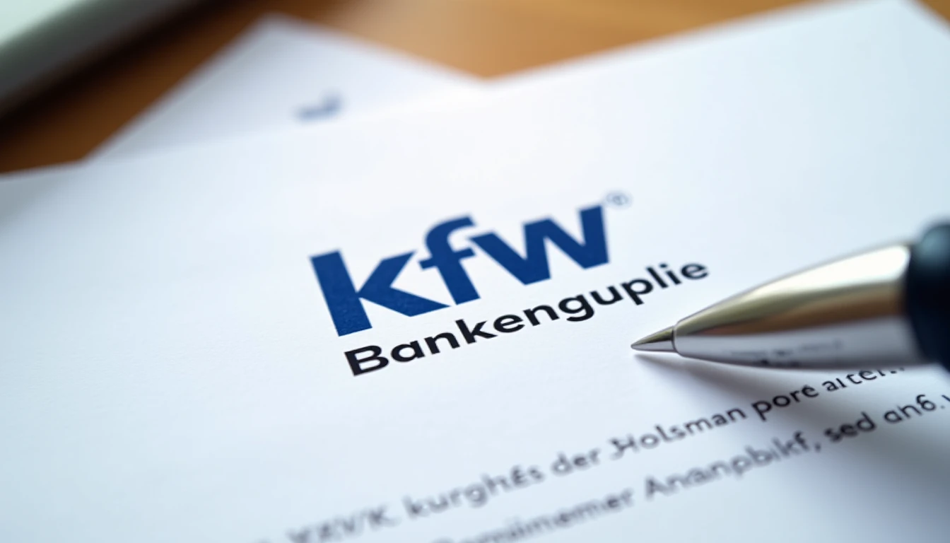 Logo der KfW Bankengruppe auf einem Dokument, daneben ein Stift für den Antrag